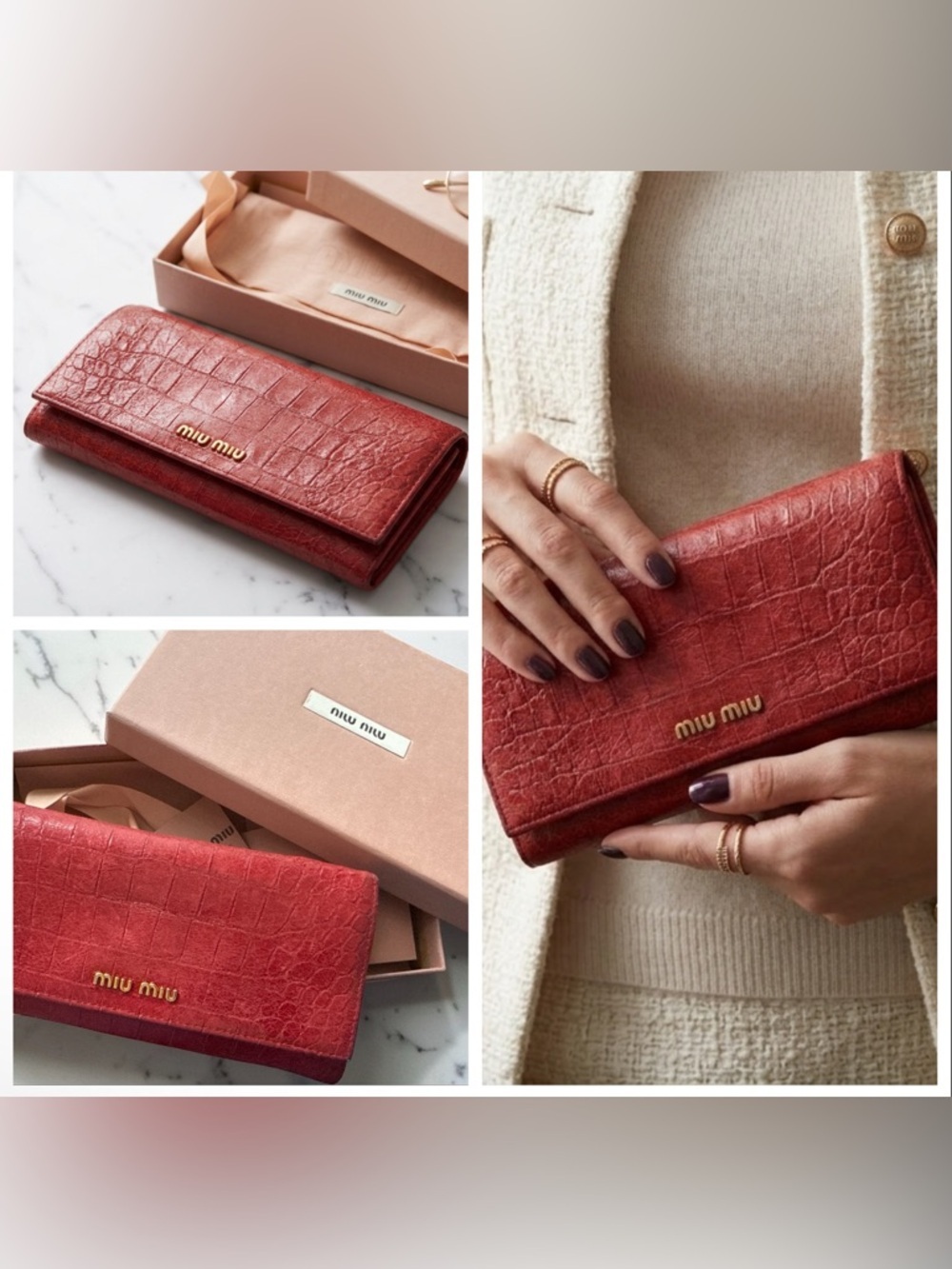 Miu Miu Red Cocco Lux Crocodile Embossed Leather Continental Flap Wallet - Picture 2 of 10